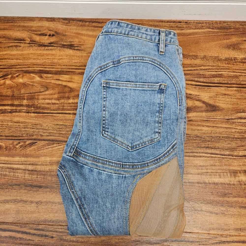 Rehab Lab Womens Mesh Panel Skinny Jeans Blue Denim Tan Sheer LP10945B M